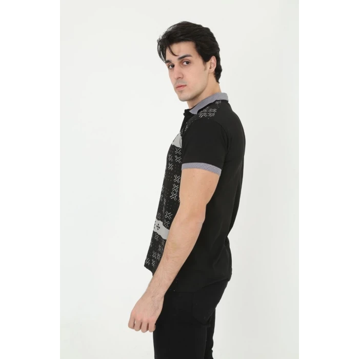 ieg™      Yakalı Slim Fit Baskılı T-Shirt - Siyah -