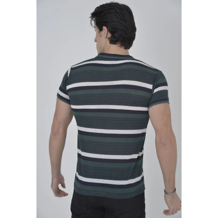 ieg™      Yakalı Slim Fit Dokuma Çizgili T-Shirt - Haki -