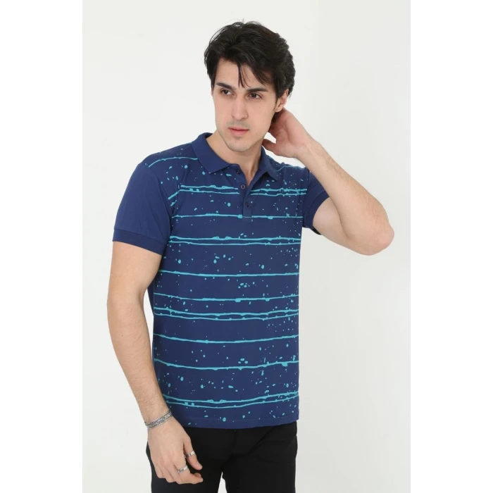 ieg™      Yakalı Slim Fit Pike Çizgili T-Shirt - Mavi -