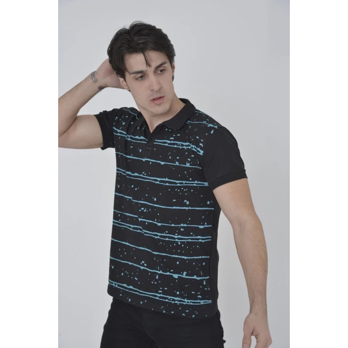 ieg™      Yakalı Slim Fit Pike Çizgili T-Shirt - Siyah -