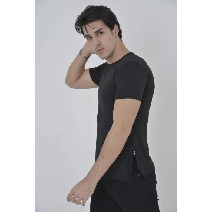 ieg™      Yandan Fermuarli Slim fit T-shirt - Siyah -