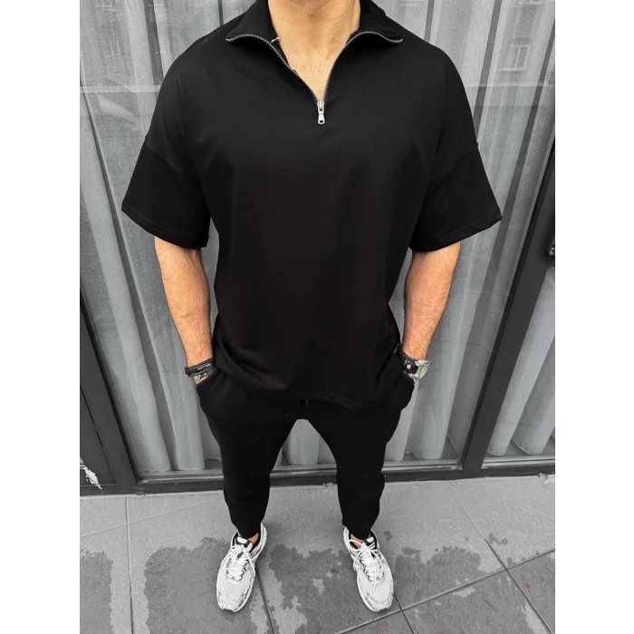 ieg™      Yarım Fermuarlı Basic T-Shirt - Siyah -