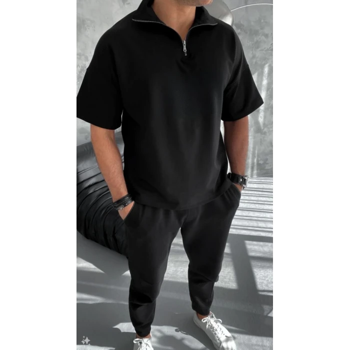 ieg™      Yarım Fermuarlı Basic T-Shirt - Siyah -