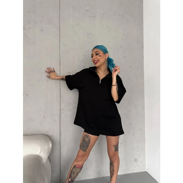 ieg™      Yarım Fermuarlı Basic T-Shirt - Siyah -