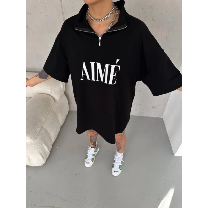 ieg™      Yarım Fermuarlı Baskılı T-Shirt - Siyah -