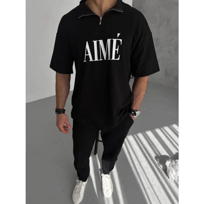 ieg™      Yarım Fermuarlı Baskılı T-Shirt - Siyah -