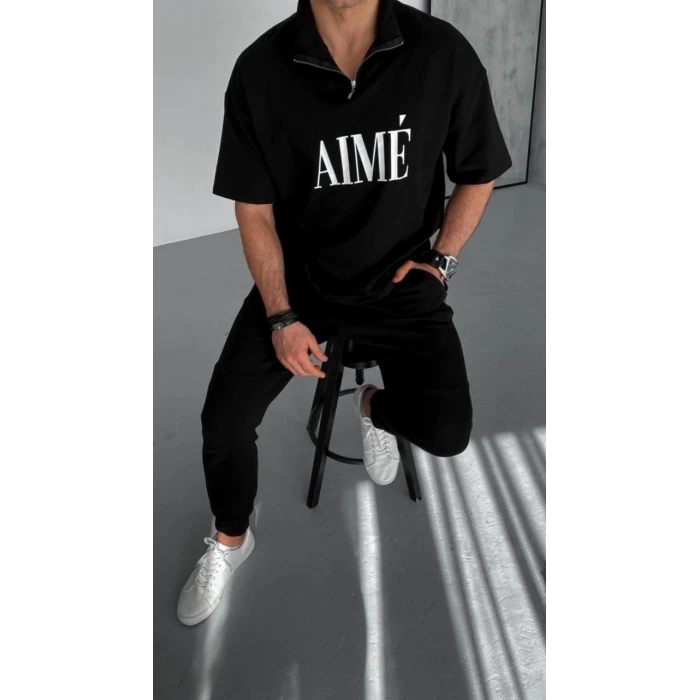 ieg™      Yarım Fermuarlı Baskılı T-Shirt - Siyah -