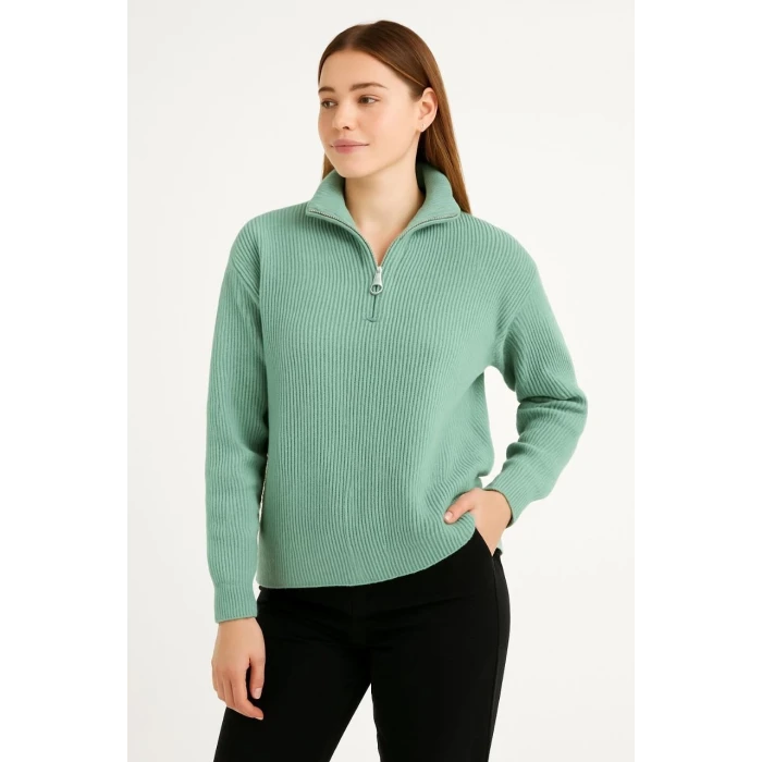 ieg™      Yarım Fermuarlı Triko Kazak - Mint Yeşili -