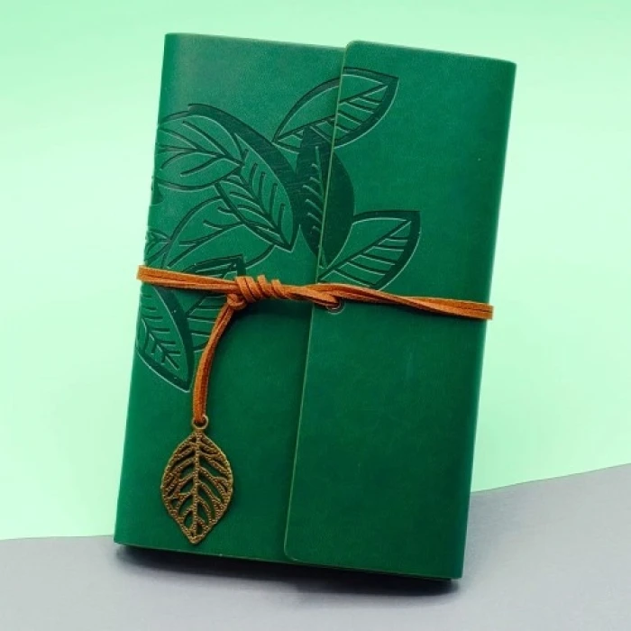 ieg™  Yeşil Deri Kapaklı Yaprak Desenli Defter