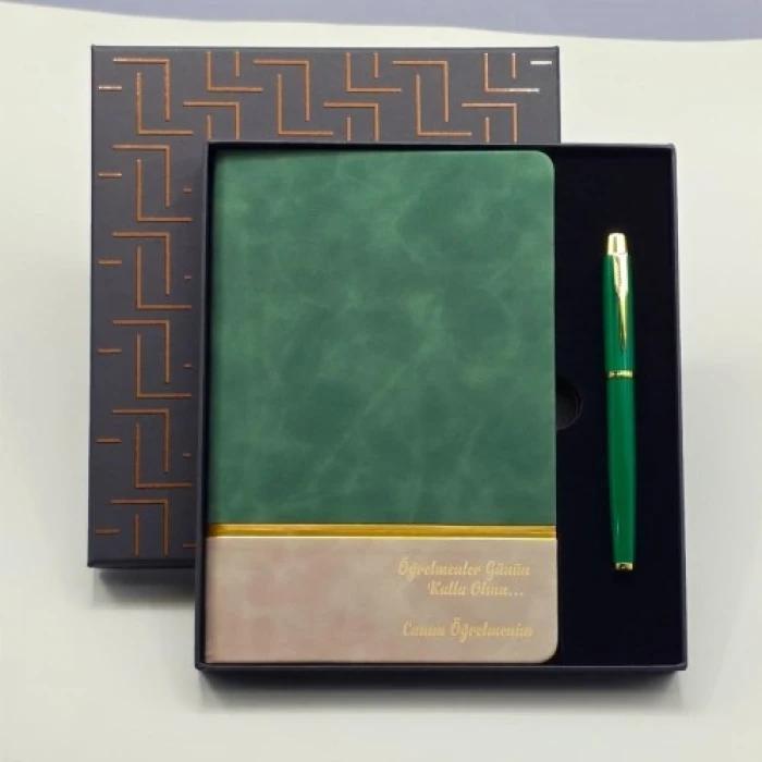 ieg™ Yeşil Şeritli Defter Ve Yeşil Metal Kalem Set