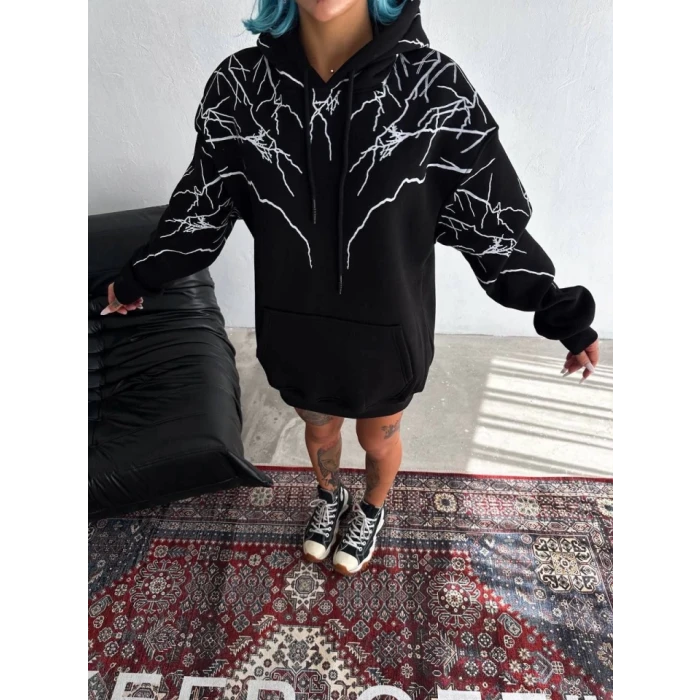 ieg™ Yıldırım Baskılı Kapşonlu SweatShirt - Siyah