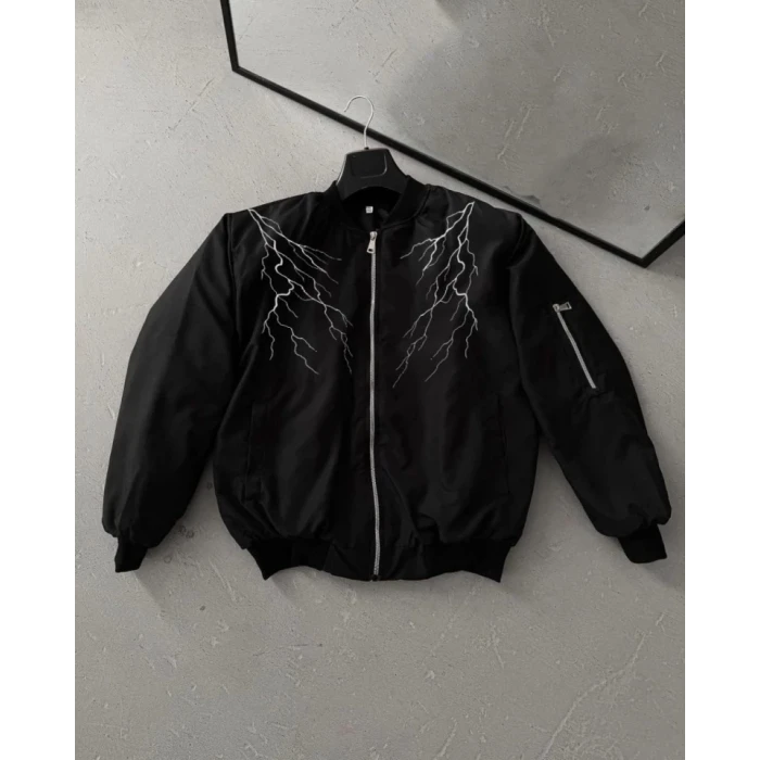 ieg™ Yıldırım Baskılı Uzun Kol Bomber Ceket - Siyah