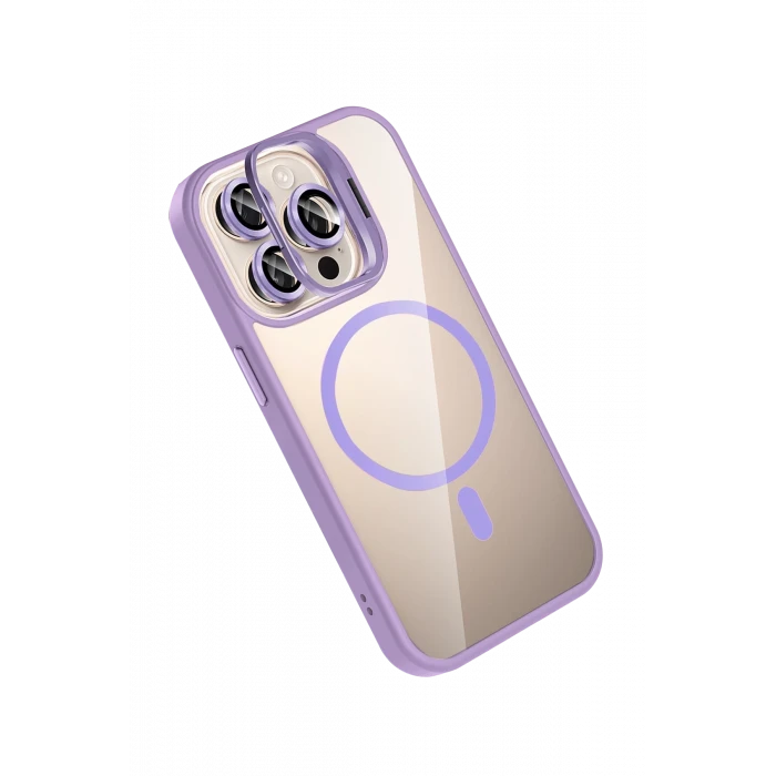 ieg™  Apple iPhone 14 Pro Max Remim Lensli Magsafe Standlı Kapak - Lila