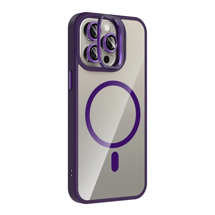 ieg™  Apple iPhone 15 Pro Max Remim Lensli Magsafe Standlı Kapak - Derin Mor