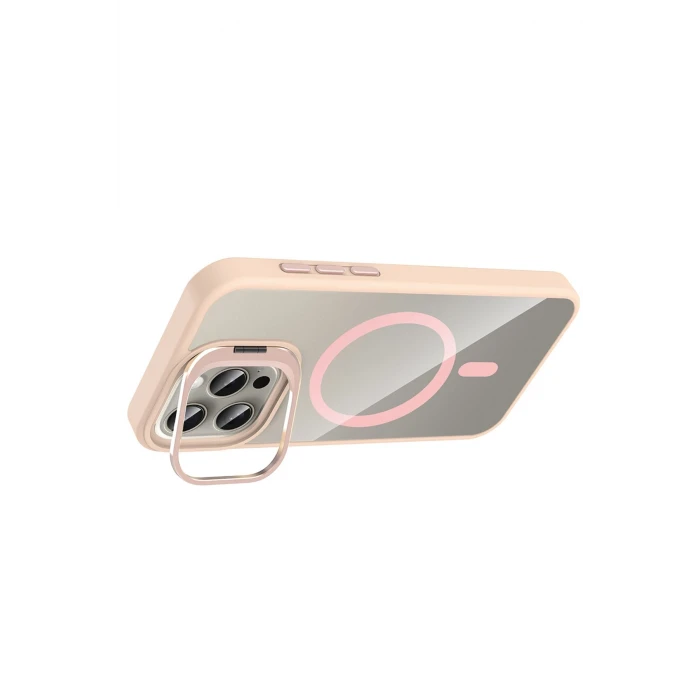 ieg™  Apple iPhone 15 Pro Max Remim Lensli Magsafe Standlı Kapak - Pembe