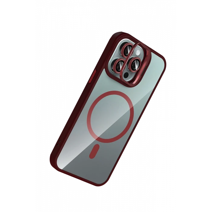 ieg™  Apple iPhone 16 Pro Max Remim Lensli Magsafe Standlı Kapak - Bordo