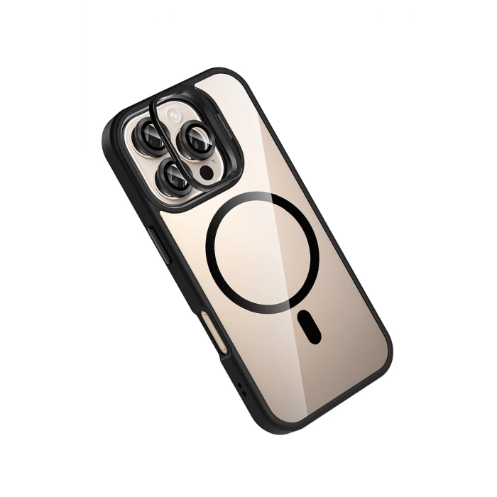 ieg™  Apple iPhone 16 Pro Max Remim Lensli Magsafe Standlı Kapak - Siyah