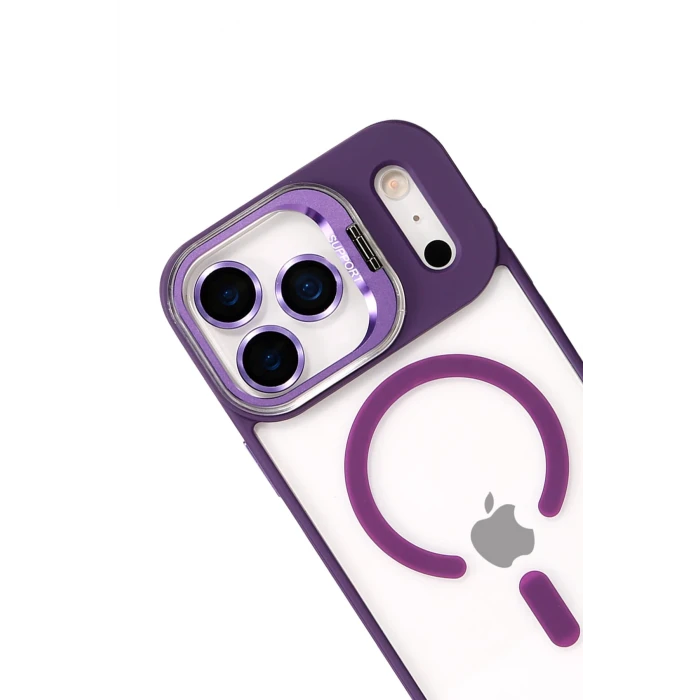 ieg™  Apple iPhone 17 Pro Max Remim Lensli Magsafe Standlı Kapak - Derin Mor