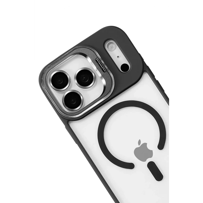 ieg™  Apple iPhone 17 Pro Max Remim Lensli Magsafe Standlı Kapak - Siyah