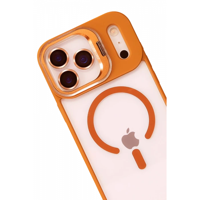 ieg™  Apple iPhone 17 Pro Max Remim Lensli Magsafe Standlı Kapak - Turuncu
