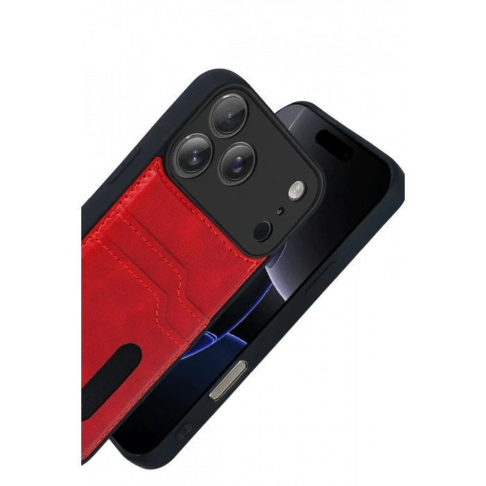 ieg™  Apple iPhone 17 Pro Max Sara Kartvizitli Deri Kılıf - Kırmızı