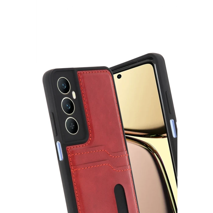 ieg™  Realme C65 Sara Kartvizitli Deri Kılıf - Kırmızı