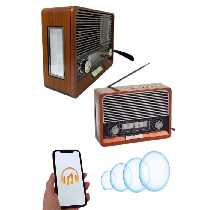 ieg™ Saatli Fenerli Bluetooth Nostaljik Radyo AUX SD USB Girişli Bluetooth Hoparlör