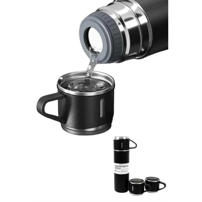ieg™ Termos Paslanmaz Çelik Termos Siyah Renk 3 Bardaklı Termos Seti