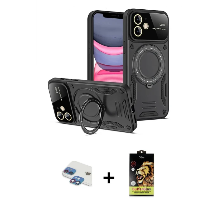 iPhone 11 Kılıf Kıvılcım Modern Serisi - Siyah Buffer Cam Ekran Koruyucu + Pers Alüminyum Kamera Lens - GI