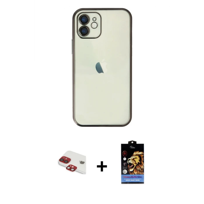 iPhone 11 Kılıf Vadi Minimal - Siyah Buffer Hayalet Cam Ekran Koruyucu + Pers Alüminyum Kamera Lens - KI