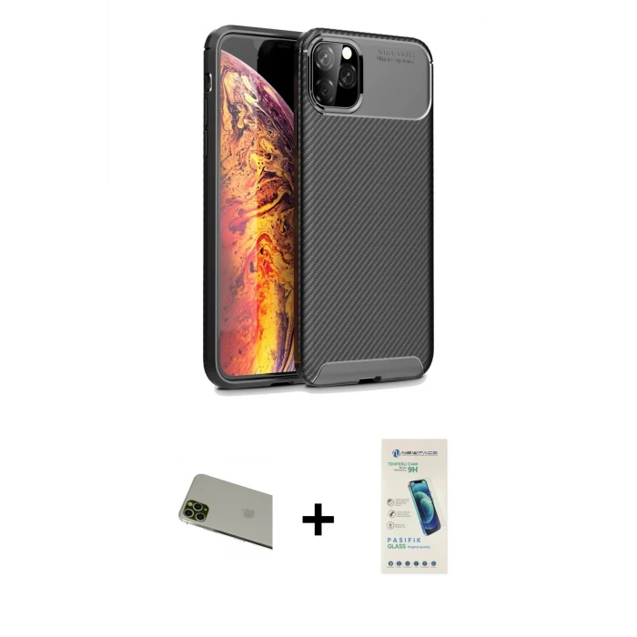 iPhone 11 Pro Max Kılıf Eksen Form Prime - Şeffaf Pasifik Cam Ekran Koruyucu + Rainbow Kamera Lens Koruma Cam - YL
