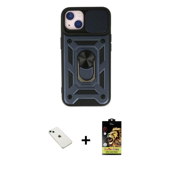 iPhone 14 Kılıf Ahenk Klasik - Siyah Buffer Cam Ekran Koruyucu + Diamond Kamera Lens - YL