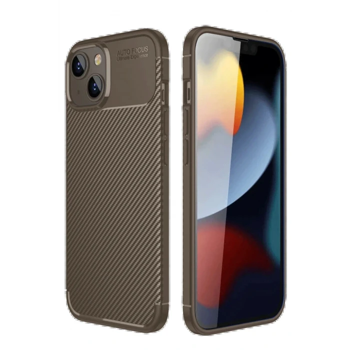 iPhone 14 Kılıf Auto Focus Karbon Kapak - Kahverengi