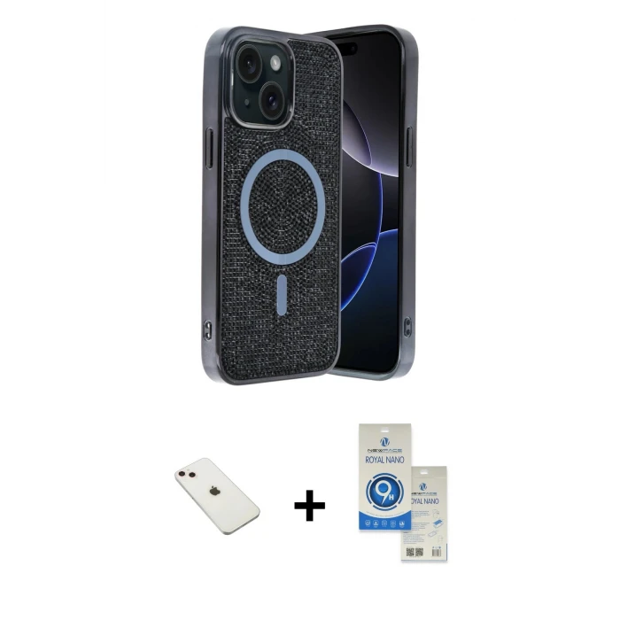 iPhone 14 Kılıf Eksen Çizgi - Şeffaf Royal Nano Ekran Koruyucu + Diamond Kamera Lens - PE