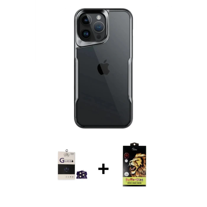 iPhone 14 Pro Max Kılıf Akış Çizgi Koleksiyonu - Siyah Buffer Cam Ekran Koruyucu + Bilvis Titan Kamera Lens - DNMR