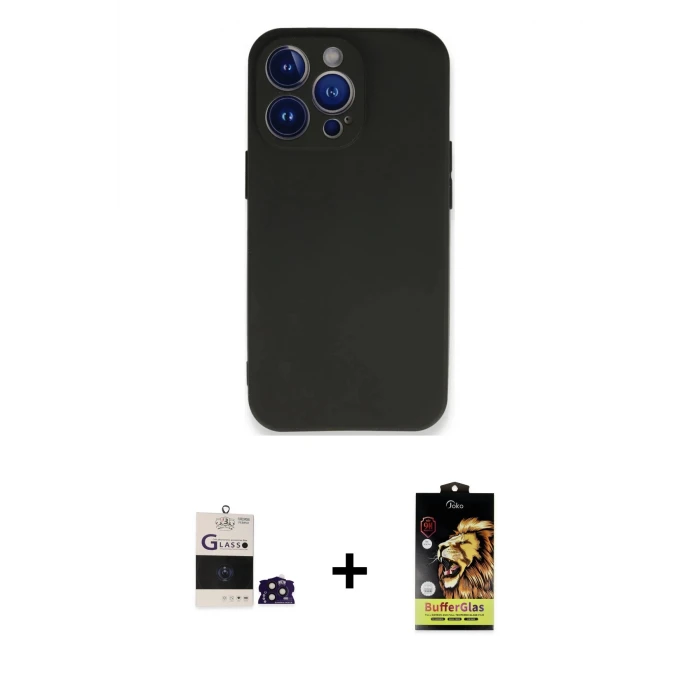 iPhone 14 Pro Max Kılıf Kozmos Yansıma Özel Seri - Siyah Buffer Cam Ekran Koruyucu + Bilvis Titan Kamera Lens - DNMR