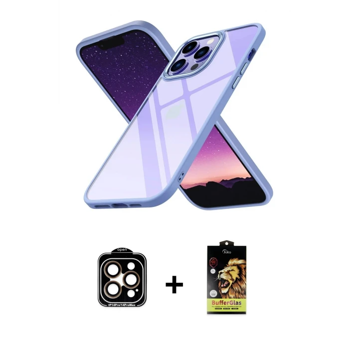 iPhone 14 Pro Max Kılıf Nova Işık Serisi - Siyah Buffer Cam Ekran Koruyucu + PVD Metal Kamera Lens - TU