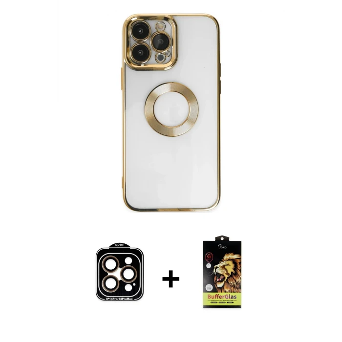 iPhone 14 Pro Max Kılıf Pusula Form - Siyah Buffer Cam Ekran Koruyucu + PVD Metal Kamera Lens - TU