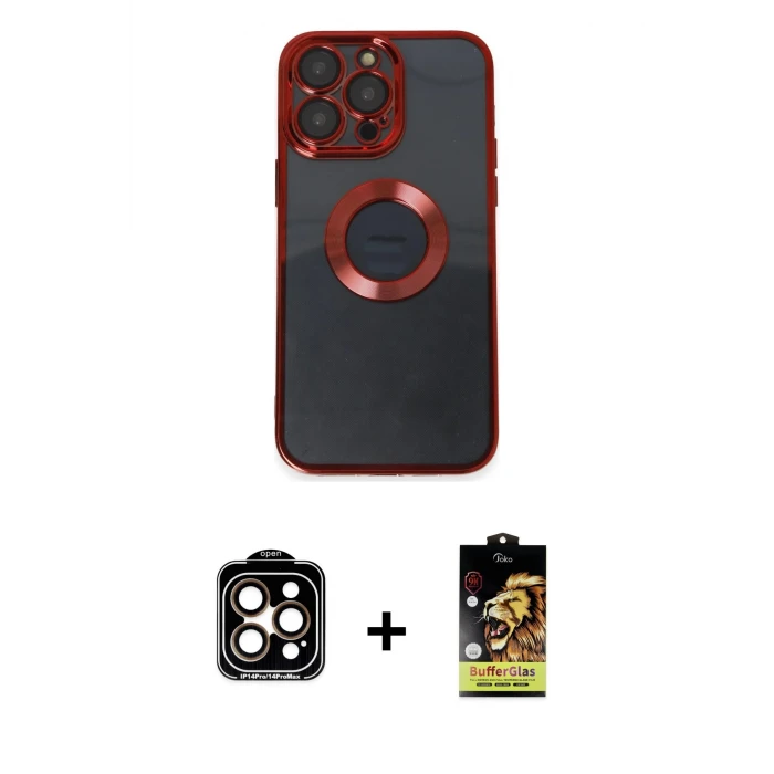 iPhone 14 Pro Max Kılıf Pusula Form - Siyah Buffer Cam Ekran Koruyucu + PVD Metal Kamera Lens - TU