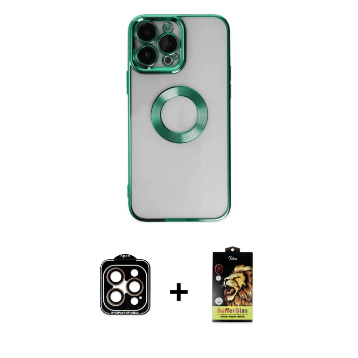 iPhone 14 Pro Max Kılıf Pusula Form - Siyah Buffer Cam Ekran Koruyucu + PVD Metal Kamera Lens - TU