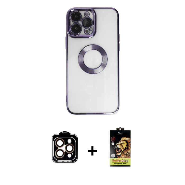 iPhone 14 Pro Max Kılıf Pusula Form - Siyah Buffer Cam Ekran Koruyucu + PVD Metal Kamera Lens - TU