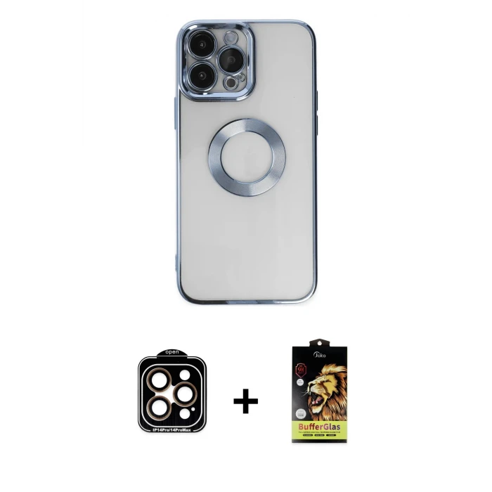 iPhone 14 Pro Max Kılıf Pusula Form - Siyah Buffer Cam Ekran Koruyucu + PVD Metal Kamera Lens - TU