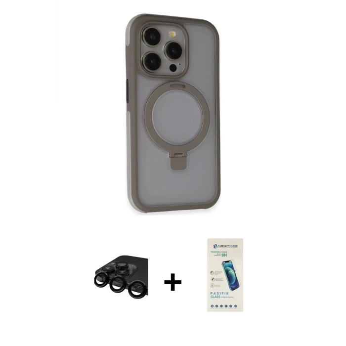 iPhone 15 Pro Kılıf Ahenk Yansıma Özel Seri - Şeffaf Pasifik Cam Ekran Koruyucu + Raze Metal Kamera Lens - SH