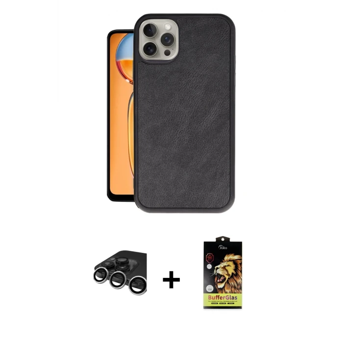 iPhone 15 Pro Kılıf Kıvılcım Işık Serisi - Siyah Buffer Cam Ekran Koruyucu + Raze Metal Kamera Lens - GS