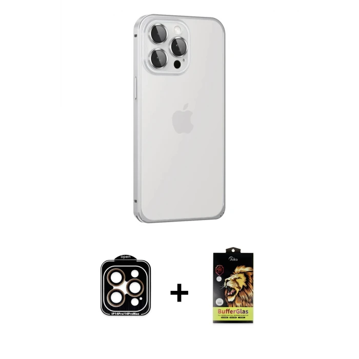 iPhone 15 Pro Max Kılıf Eksen Form Serisi - Siyah Buffer Cam Ekran Koruyucu + PVD Metal Kamera Lens - TU