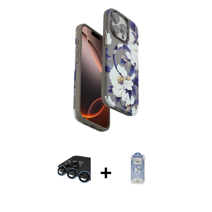 iPhone 15 Pro Max Kılıf Siluet Doku - Siyah Joko Magic 5D Cam + Raze Metal Kamera Lens - LT