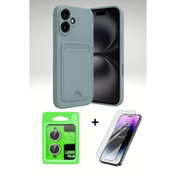 iPhone 16 Plus Kartvizitli Silikon Kılıf Seti | Cam Ekran Koruyucu ve Kamera Lens Koruma