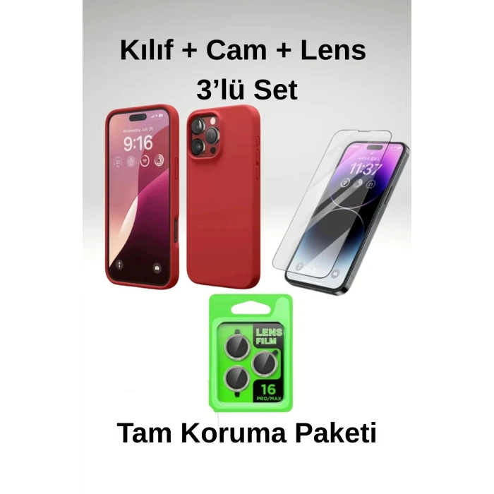 iPhone 16 Pro Max 3’lü Koruma Seti | Kılıf + Cam Ekran Koruyucu + Metal Kamera Lens