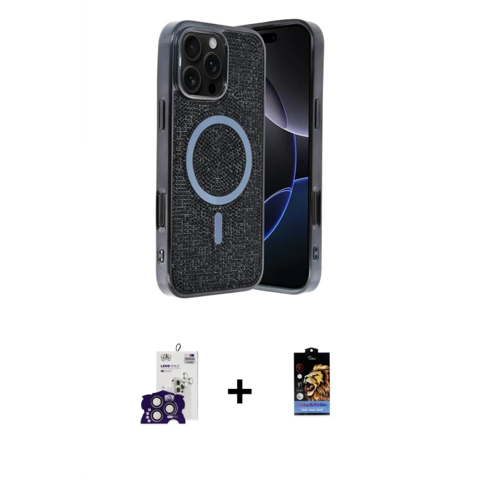 iPhone 16 Pro Max Kılıf Eksen Çizgi - Siyah Buffer Hayalet Cam Ekran Koruyucu + Bilvis Titan Kamera Lens - TMGI