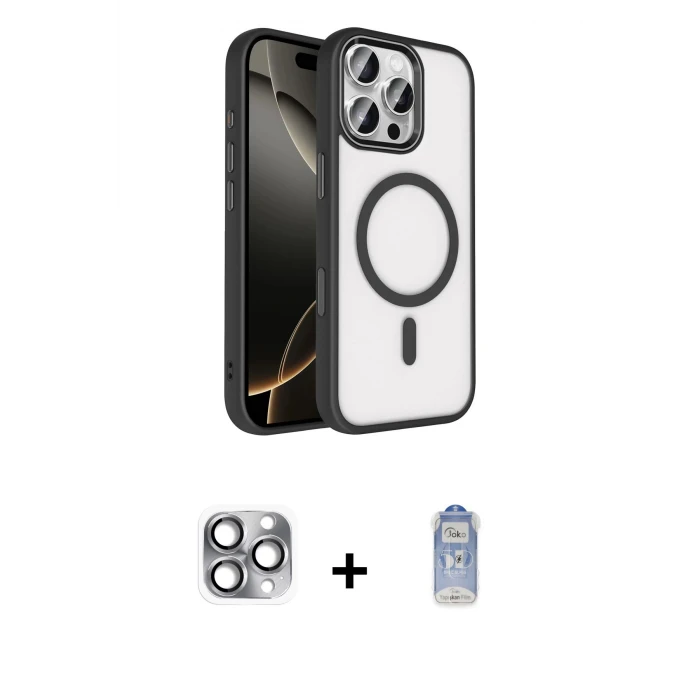 iPhone 16 Pro Max Kılıf Kıvılcım Prime - Siyah Joko Magic 5D Cam + Pers Alüminyum Kamera Lens - GI